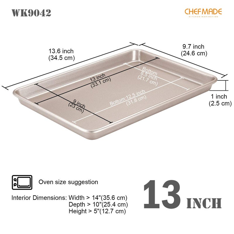 CHEFMADE 13-Inch Rimmed Baking Pan, Non-Stick Carbon Steel Cookie Sheet Pan for Oven Roasting Meat Bread Jelly Roll Battenberg Pizzas Pastries 9.7" x 13.6" x 1" (Champagne Gold) - Image 2